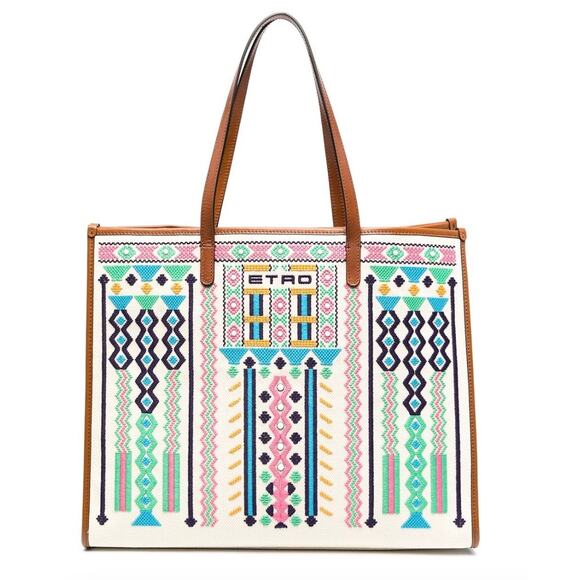 ETRO Embroidered Canvas Shopper Tote Bag Neutrals - Picture 1 of 16